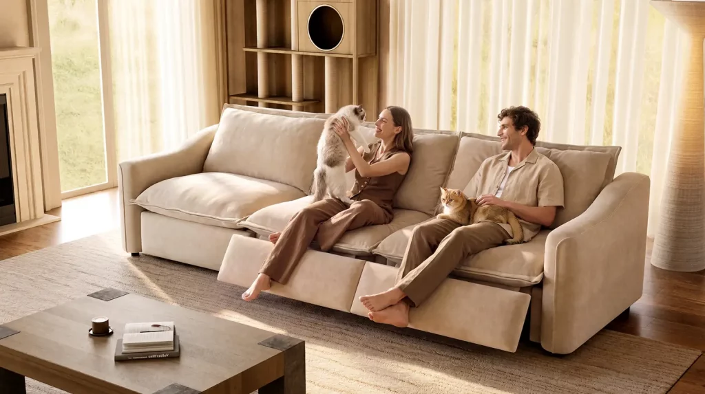 Couple relaxing with two cats on a beige power reclining sofa with extended footrests in a bright, sunlit living room.