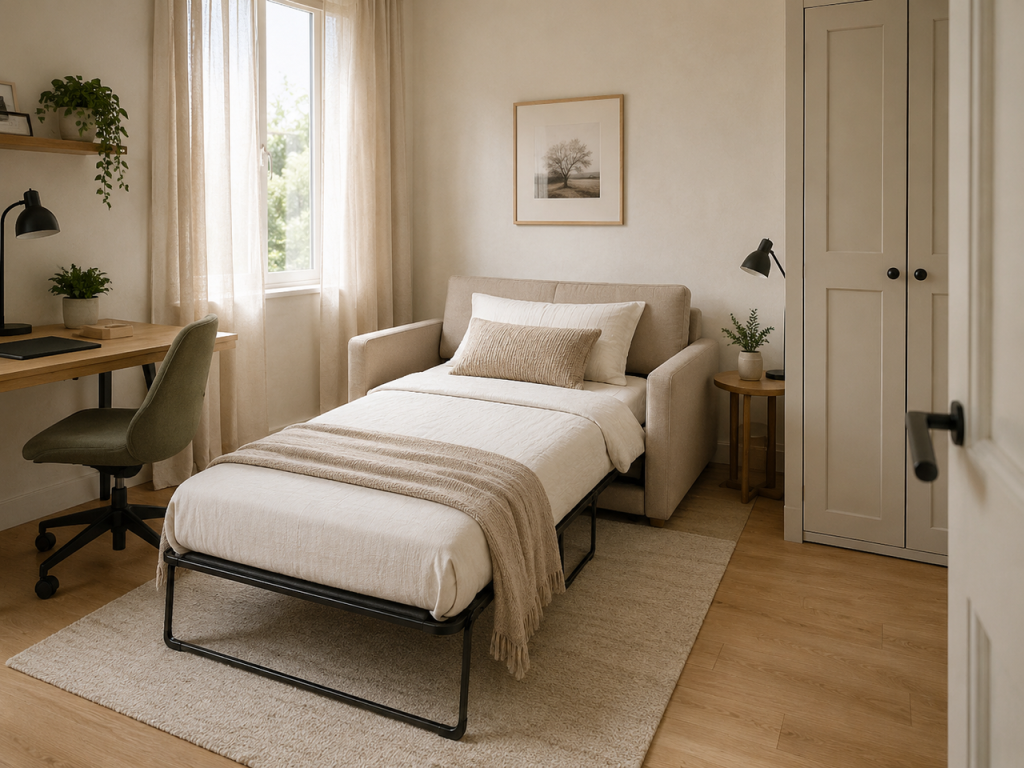 Sleek single-size pull-out sofa bed on a black metal frame, styled with a beige throw in a cozy guest room.