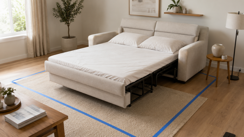 Cream sofa bed fully unfolded into a sleeper bed on a rug, with blue tape marking its open floor footprint.