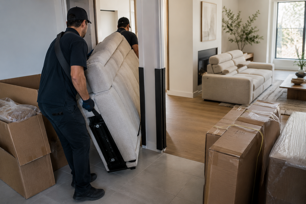 Two professional movers carrying a cream reclining sofa bed through a narrow apartment doorway with corner guards.