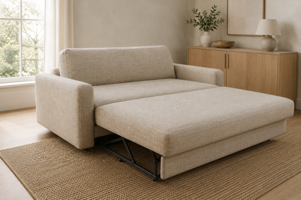 Close-up of a beige fabric sleeper sofa showing its sturdy black metal pull-out frame and unfolding mechanism.