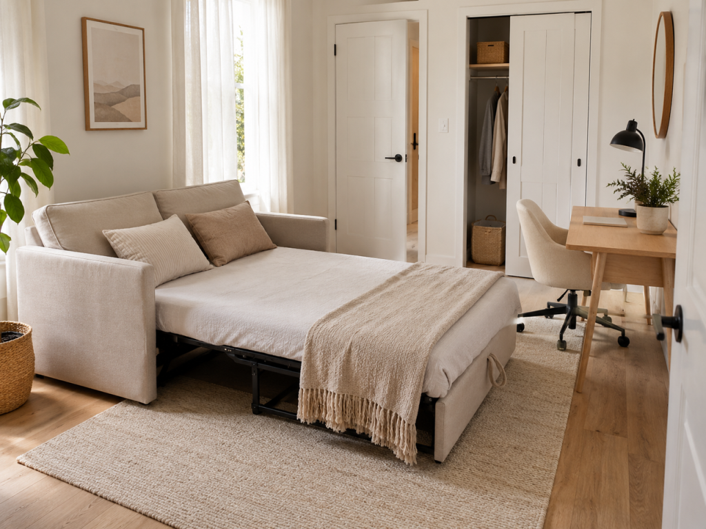 Beige twin sleeper sofa fully extended into a guest bed next to a wooden desk in a bright home office layout.