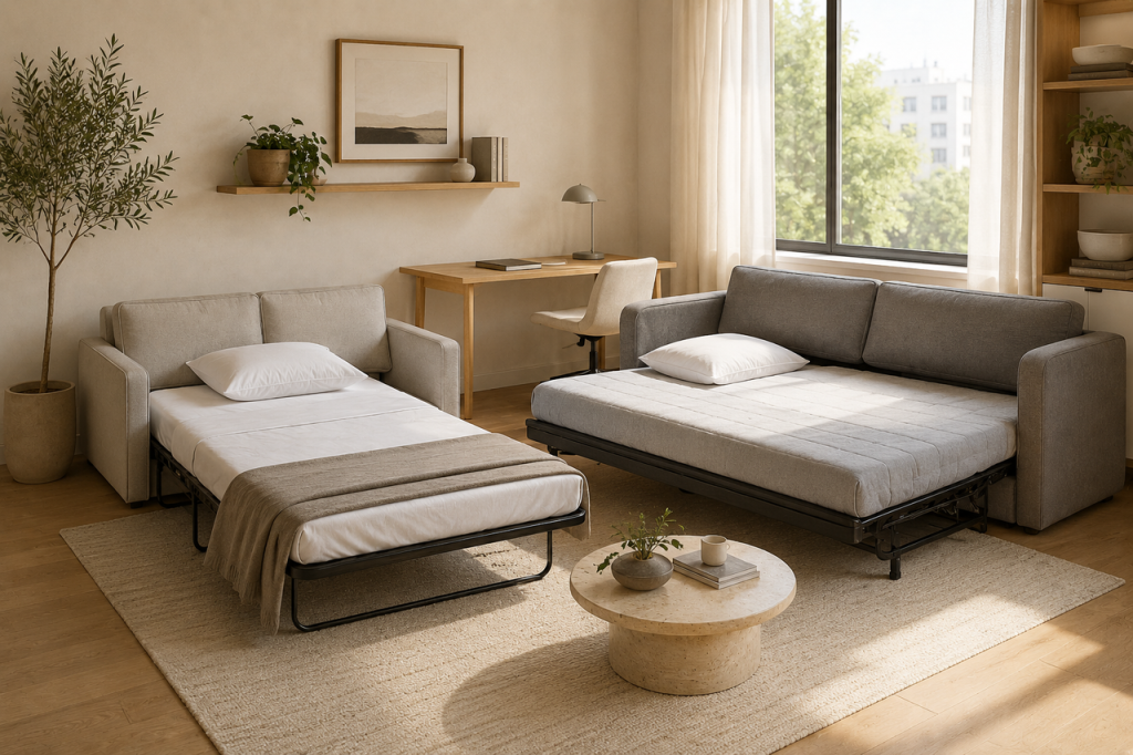 Two different sized neutral fabric sofa beds extended side-by-side on a rug to compare spatial footprint.