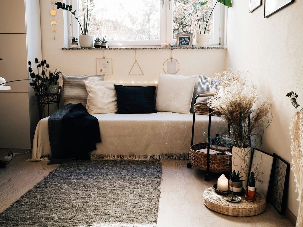 Small living room without a coffee table, featuring a compact sofa, large area rug, floor basket, plants, and open floor space.