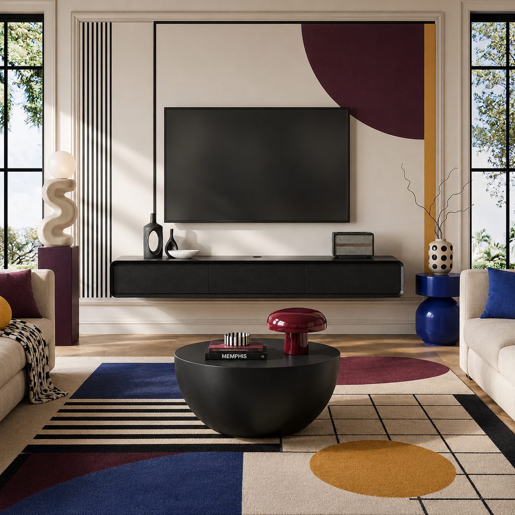 Postmodern living room with a floating black TV console, geometric wall design, colorful rug, sculptural decor, and bold accent furniture.