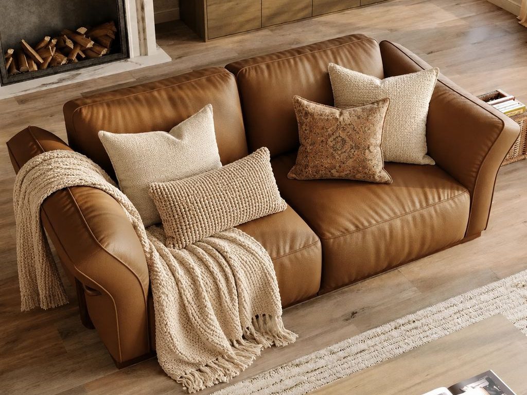 Brown leather sofa styled with cream textured pillows, a patterned accent cushion, and a soft knit throw beside a fireplace.