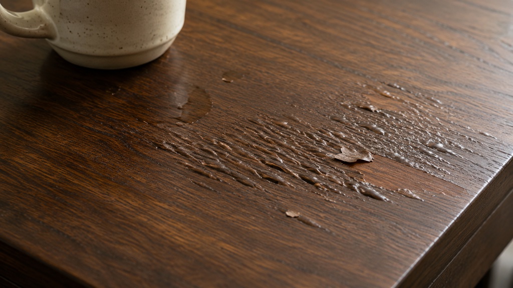 Raised wood grain and peeling finish on a dark wooden coffee table beside a ceramic mug.