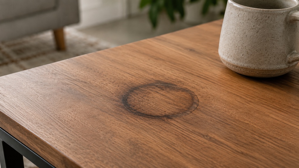 Dark brown circular water stain on a wooden coffee table beside a ceramic mug.