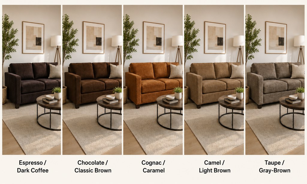 Five identical living room sofas shown in espresso, chocolate, cognac, camel, and taupe-brown for side-by-side color comparison.
