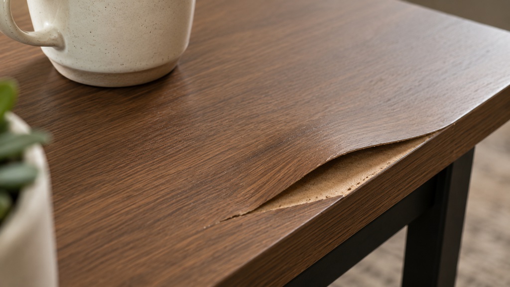 Lifted wood veneer exposing swollen engineered wood on a coffee table beside a ceramic mug.