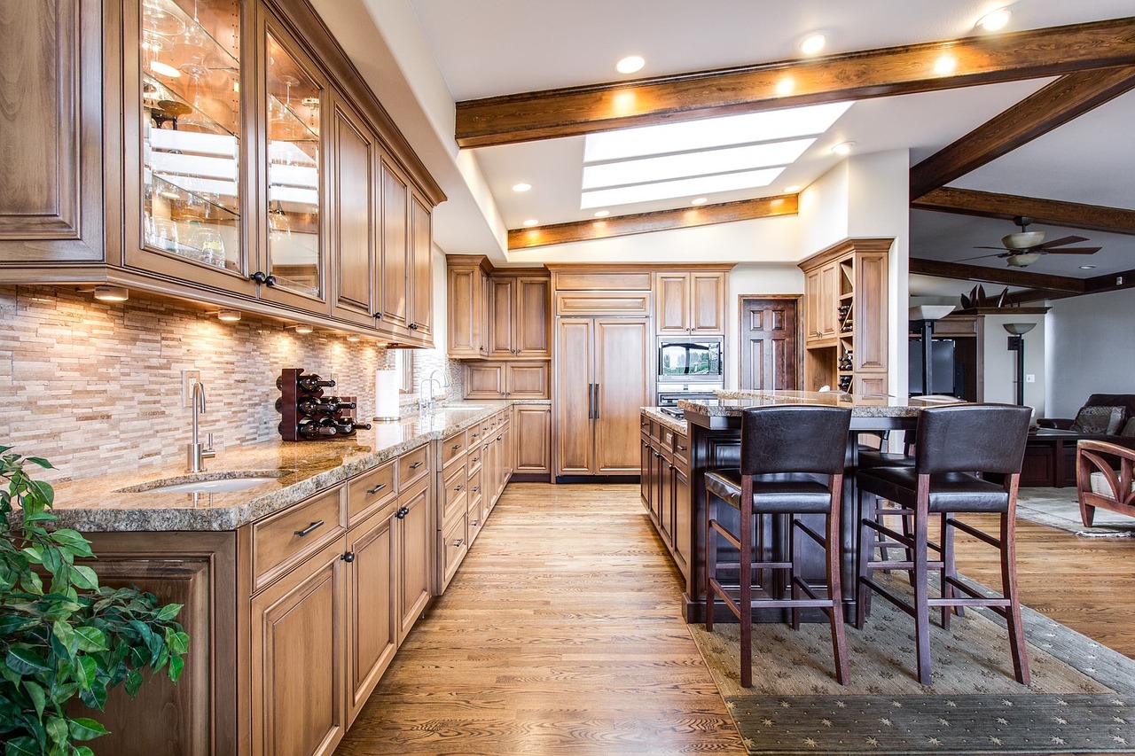 Kitchen and dining interior with wood furniture, modern decor, wood floor