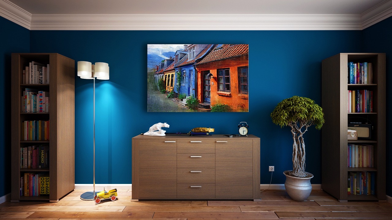 Wall-mounted furniture with shelving showing proportion and silhouette in a room