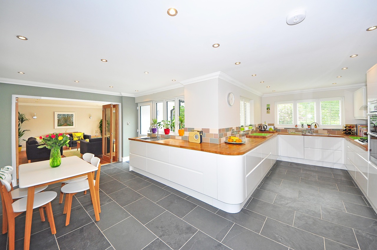 Dining room with dining table and furniture, interior design