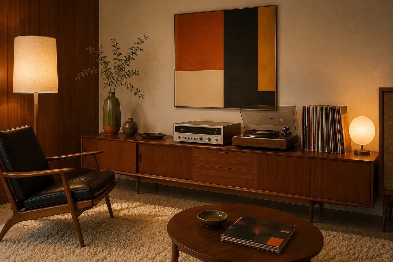 Mid-century modern living room with wooden TV stand and warm lighting