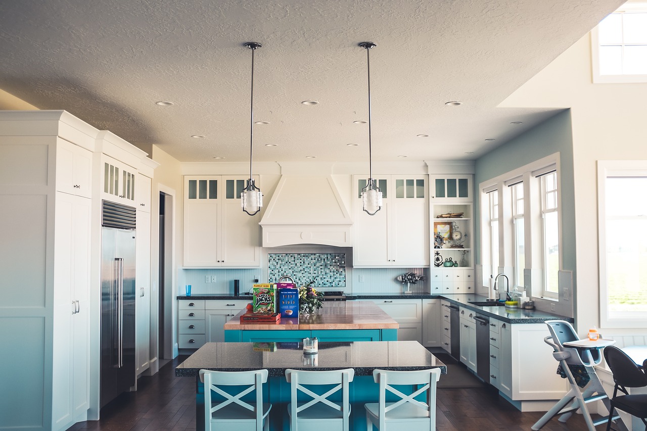 Modern dining room with table and chairs, kitchen interior design