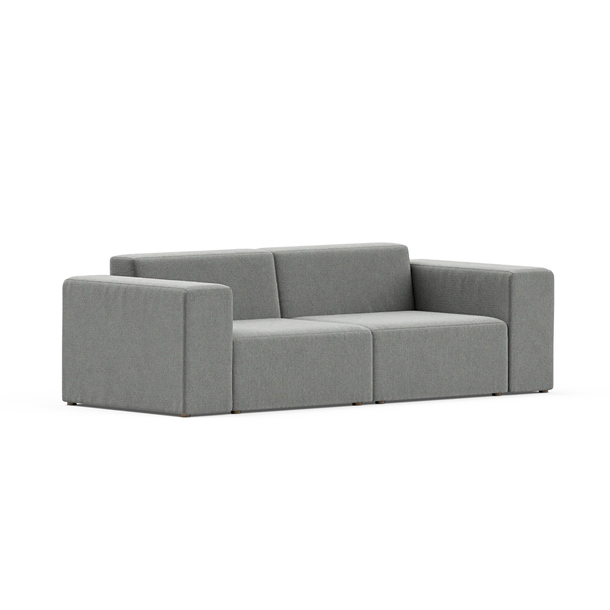 Gray two-seat modular loveseat with wide arms on a transparent background.