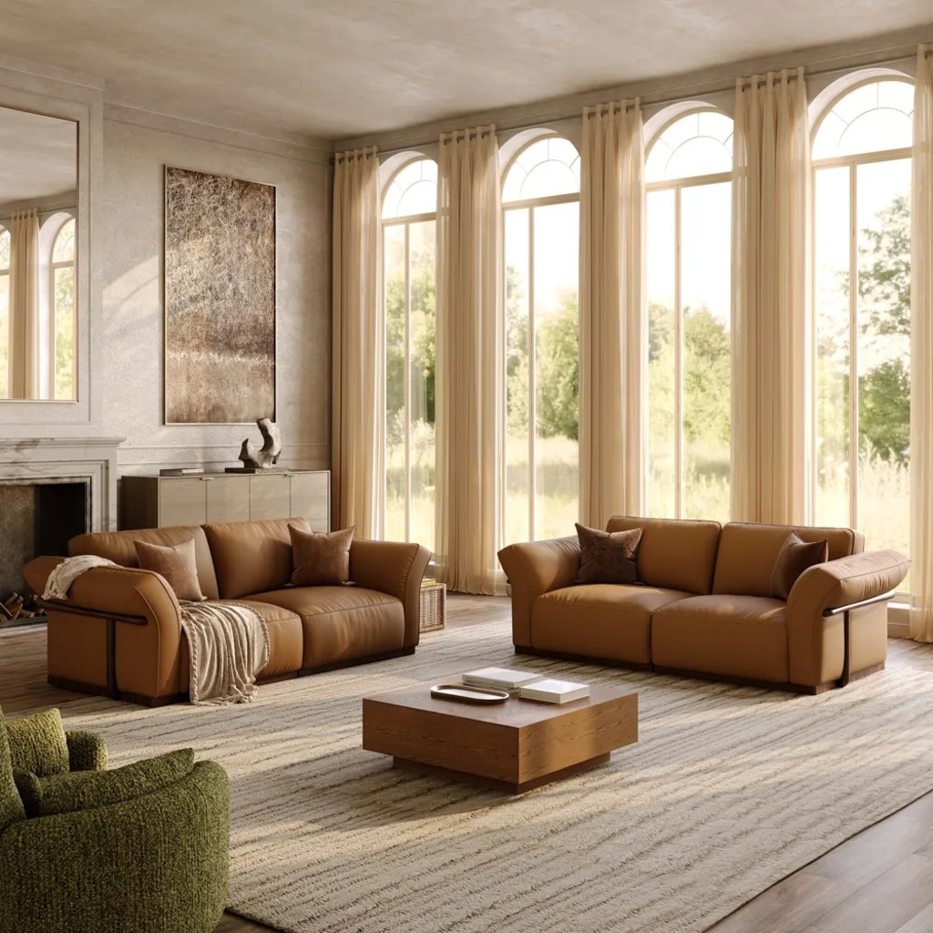 Two caramel leather sofas arranged around a low wood coffee table in a bright living room with arched windows