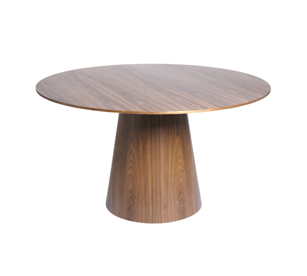 Round walnut designer dining table with a tapered pedestal base on a white background.