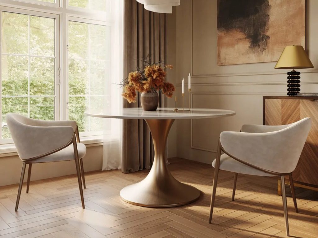 Warm modern dining nook with a round white table, sculptural gold pedestal base, upholstered chairs, large windows, wood floors, and neutral decor.
