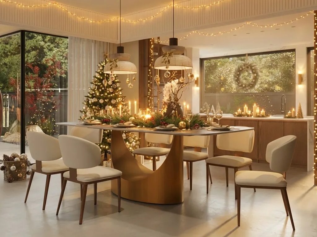 Christmas dining room with lit candles, string lights, a decorated tree, and a modern dining table set for a festive dinner.
