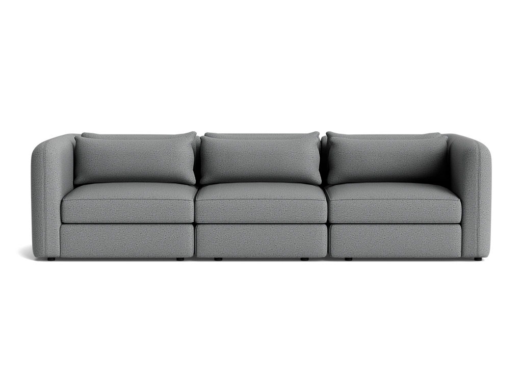 Gray three-seat modular sofa with rounded arms and loose back cushions on a transparent background
