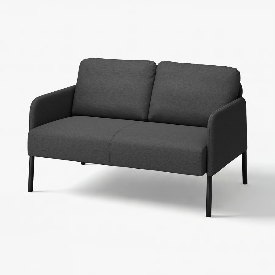 Compact dark gray loveseat with slim arms, two back cushions, and black metal legs on a white background.