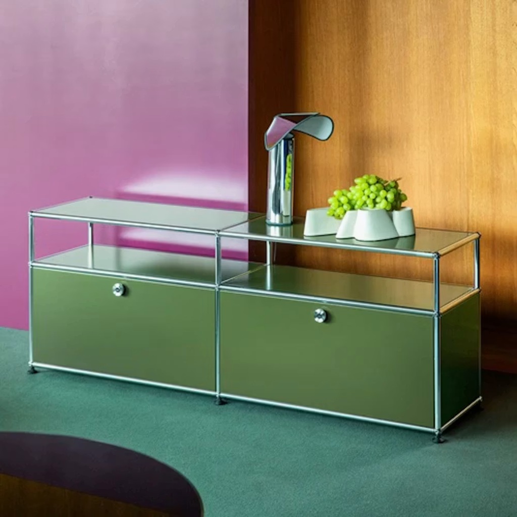 metal narrow media console with open shelves and two closed cabinets in a colorful modern interior.