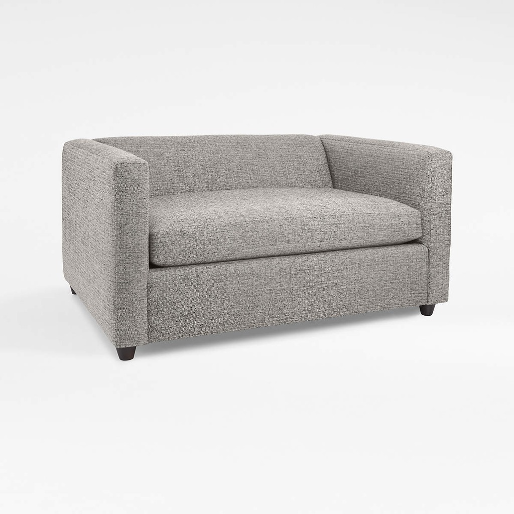 Compact gray sleeper loveseat with a single seat cushion on a white background