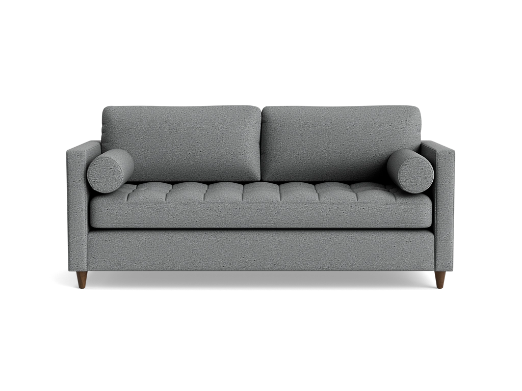 Gray upholstered sleeper sofa with a tufted bench seat, cylindrical bolster pillows, and wooden legs