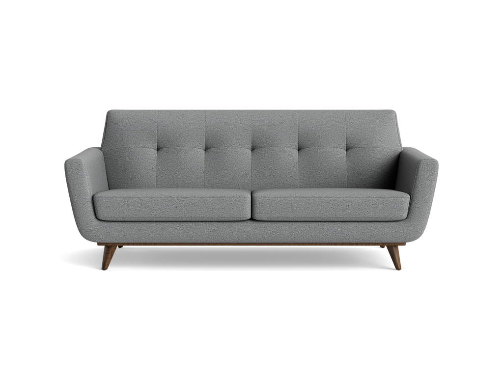 Gray mid-century loveseat with tufted back cushions, curved arms, and tapered wooden legs.