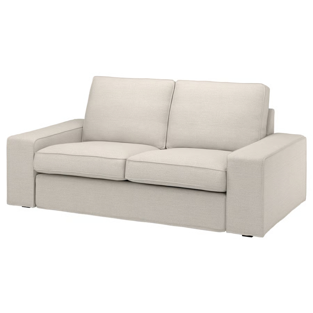 Light beige two-seat loveseat with boxy arms and loose back cushions on a white background.