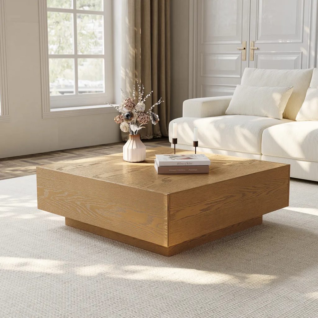 Square wood coffee table in front of a cream modular sofa on a light area rug