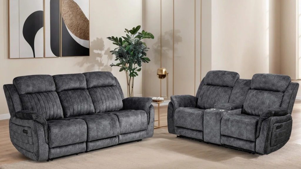 Gray power reclining sofa and console loveseat set with cupholders, arranged in a modern neutral living room.