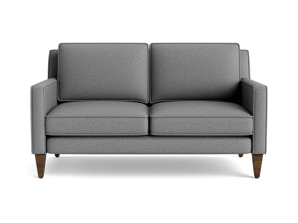 Compact gray loveseat with slim track arms, two back cushions, and tapered wooden legs.