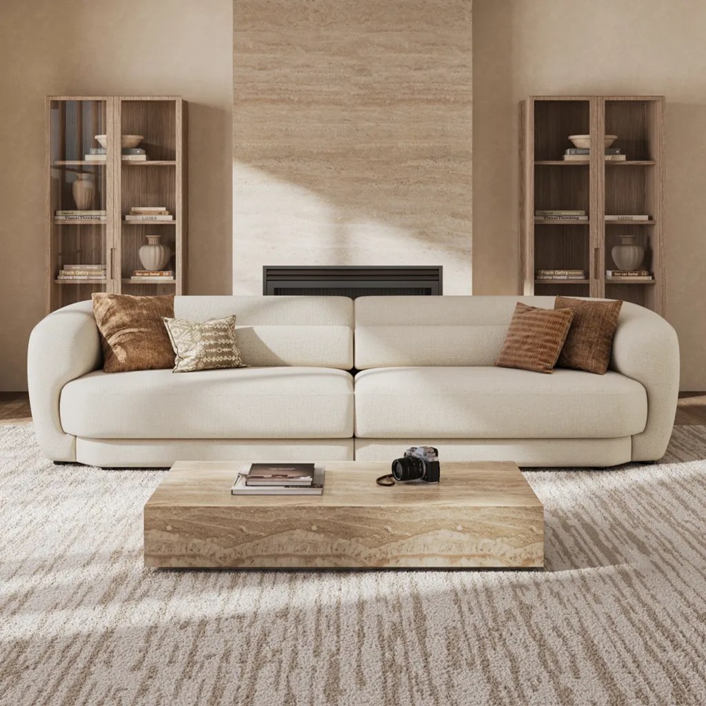 Cream sofa with supportive back cushions and lumbar pillows in a neutral modern living room.