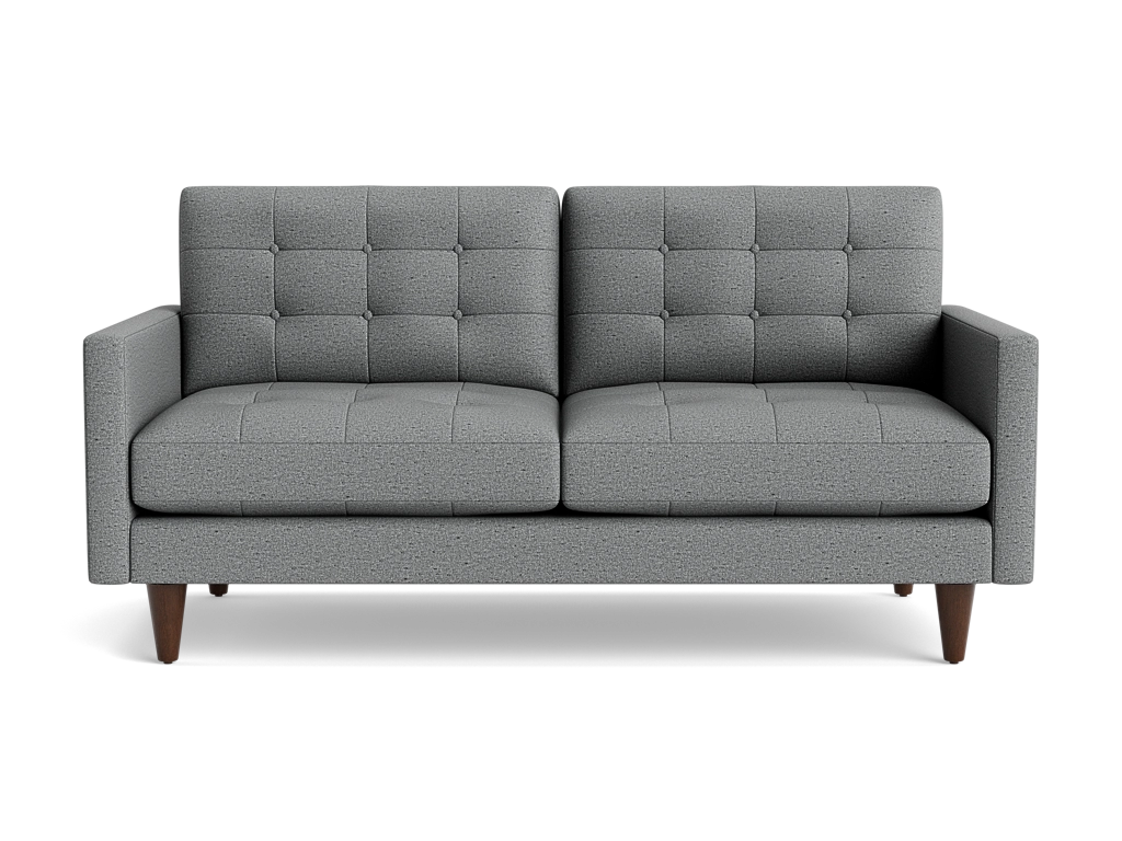 Gray tufted apartment sofa with supportive cushions and slim wooden legs on a black background.