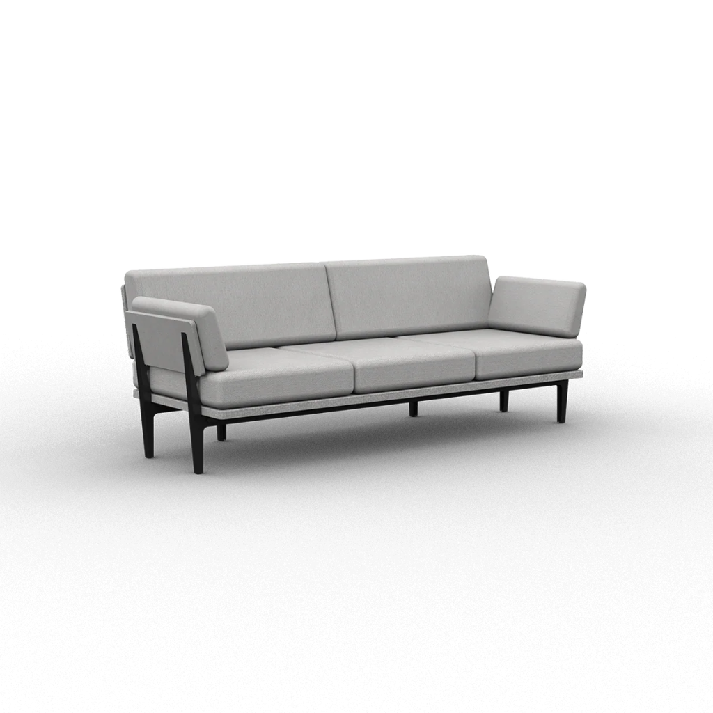 Light gray three-seat sofa with exposed black metal frame and slim arm cushions