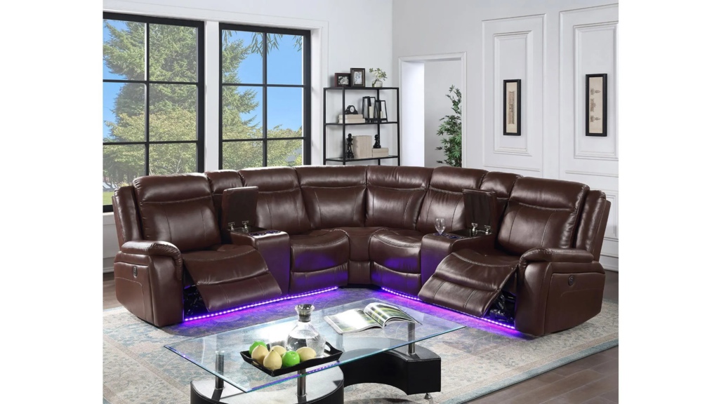Brown leather power reclining sectional with storage consoles, cupholders, and LED lighting.