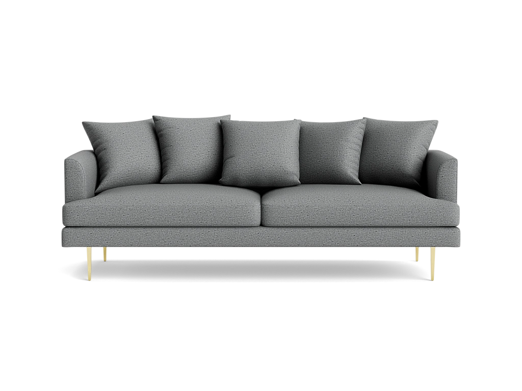 Gray high-seat sofa with square arms, loose back pillows, and slim gold legs on a transparent background.