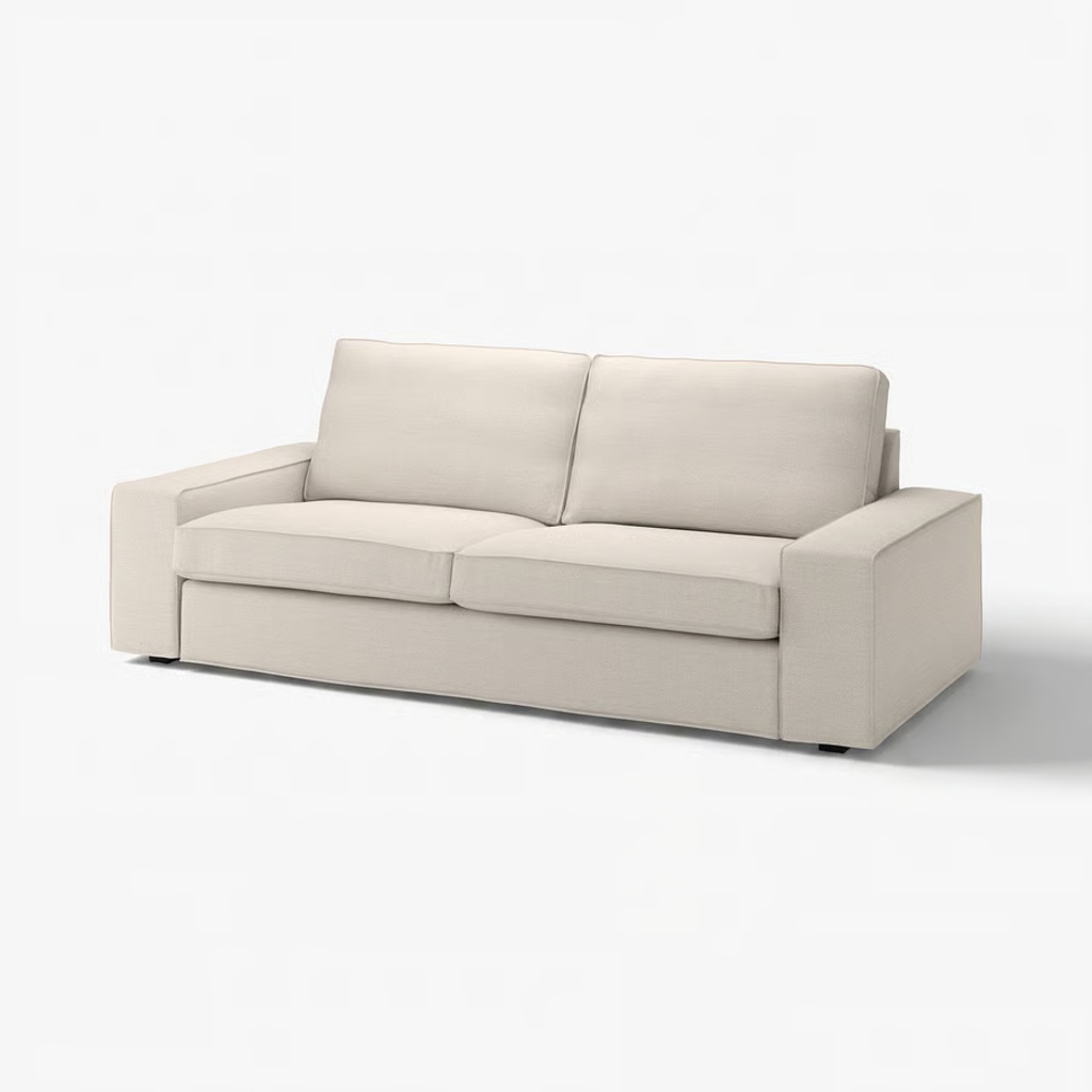 Light beige two-seat sofa with broad arms and supportive cushions on a white background