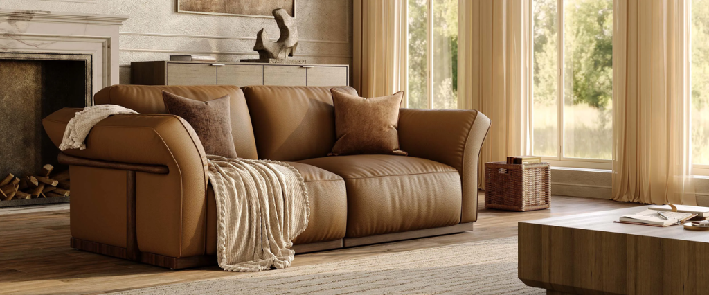 Brown leather sofa in a sunlit living room with a low cabinet behind it and a wooden coffee table in front.
