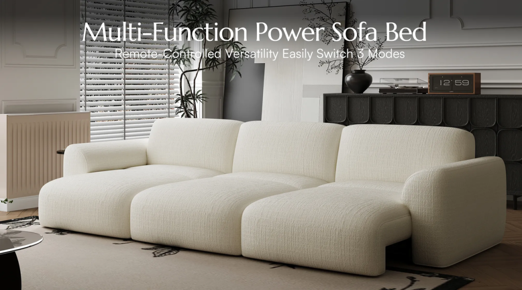 Cream-colored multifunction power sofa bed in a modern guest room.