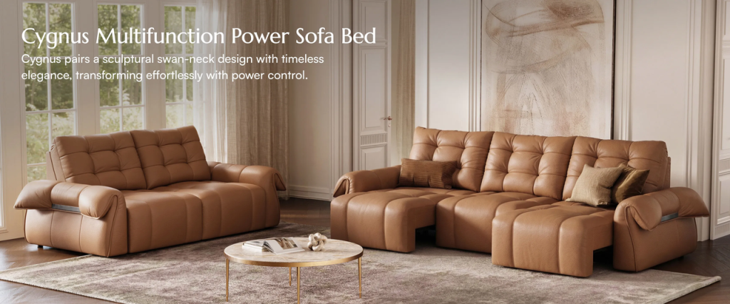 Cygnus sculptural leather power sofa bed in a modern living room.
