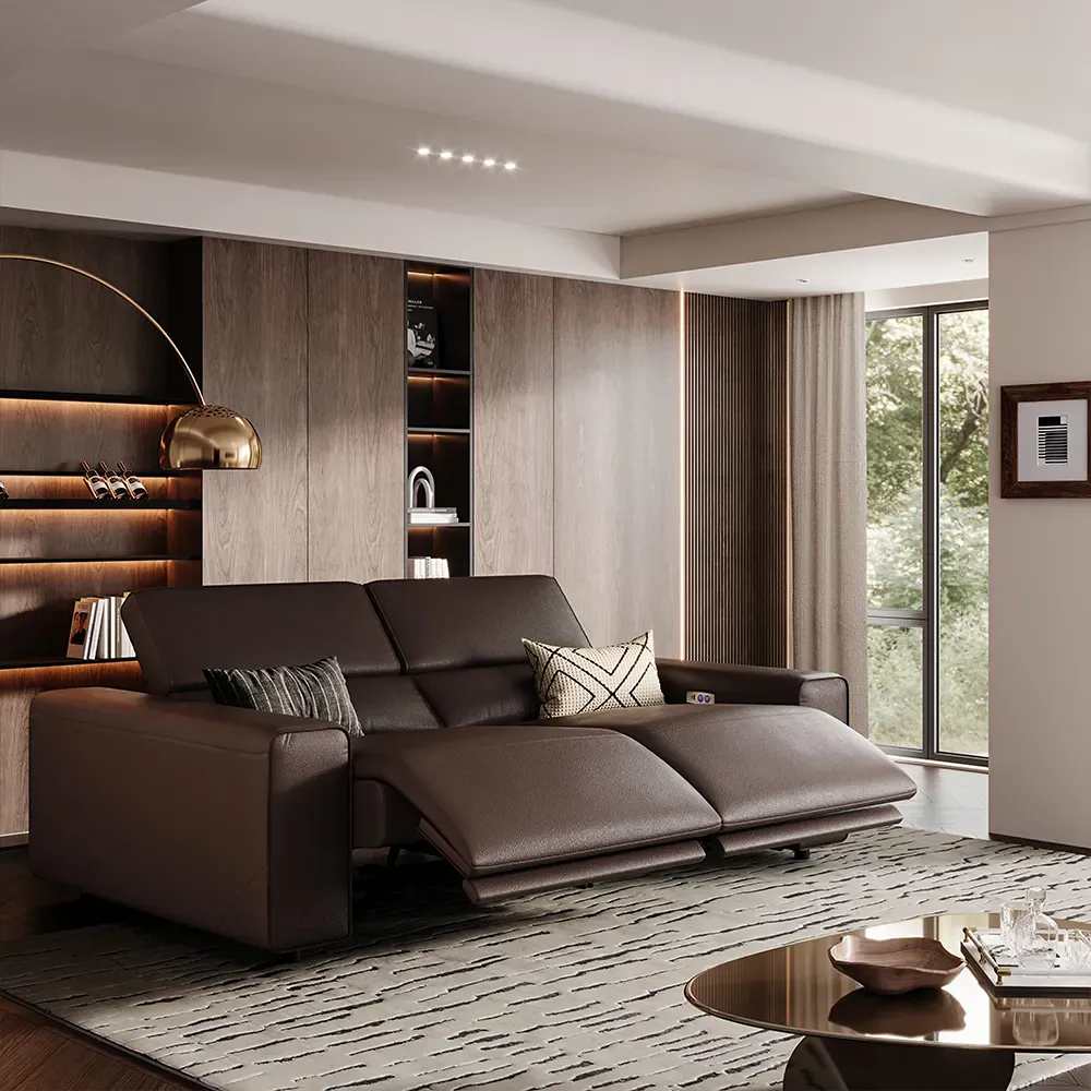 POVISON Benjamin low-profile leather power reclining loveseat with both footrests extended.