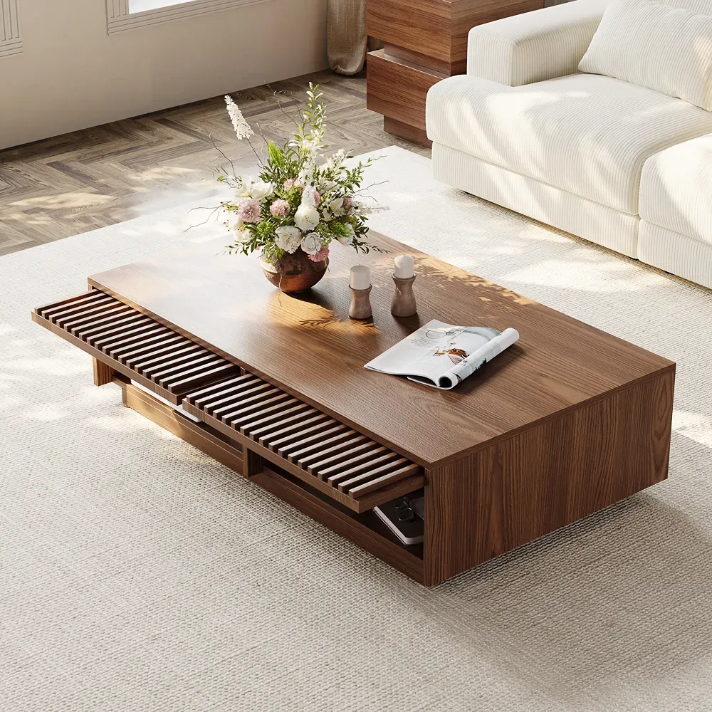 Rectangular walnut-colored wood coffee table with a fixed low surface and four slatted storage drawers.
