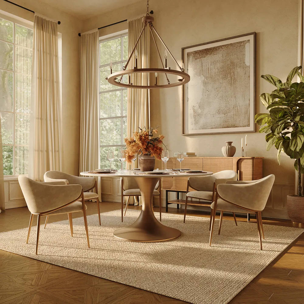 Round sintered-stone dining table with six upholstered chairs in a sunlit dining room.