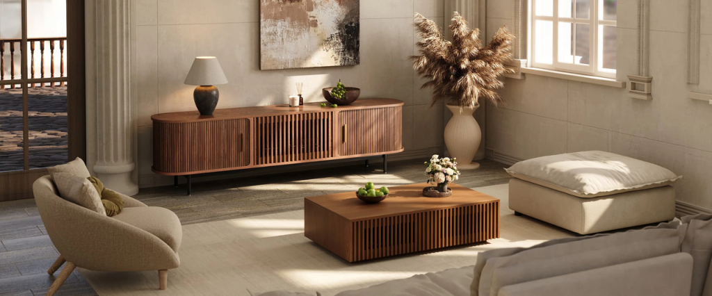 Sculptural media console and matching coffee table in a warm modern living room.