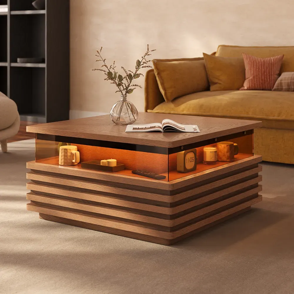 Square walnut-colored wood coffee table with LED display storage and a fixed tabletop in a modern living room.