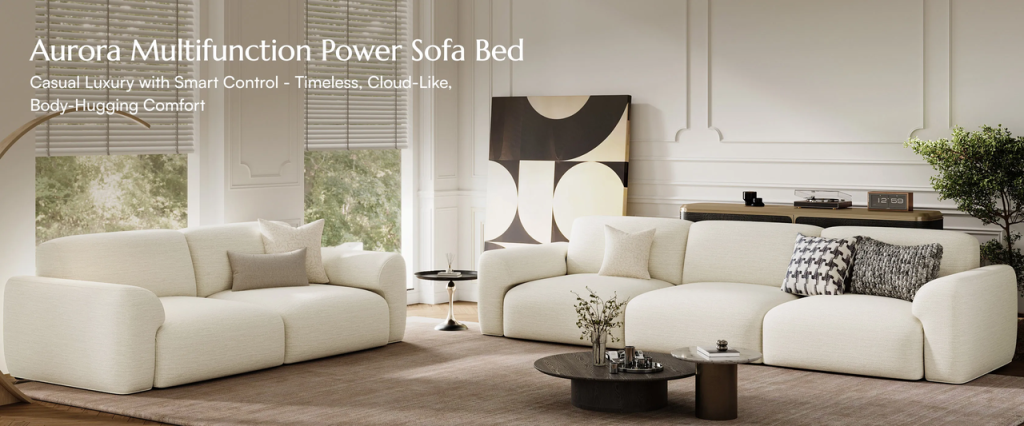 Aurora multifunction power sofa bed and loveseat in a bright living room.