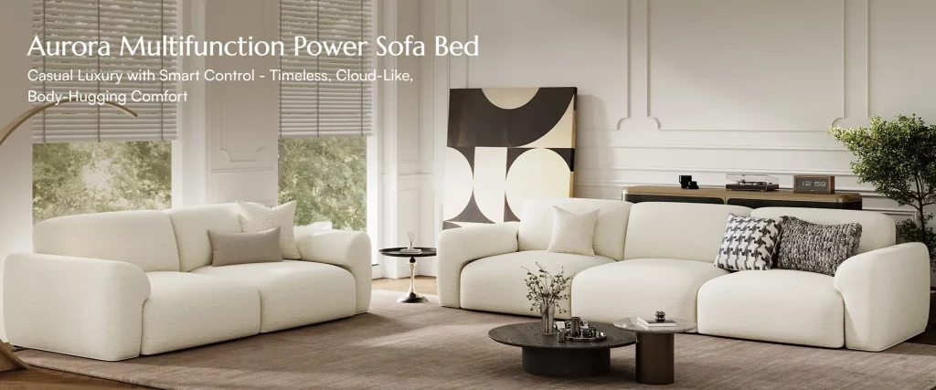 Two cream power reclining sofas arranged in a spacious living room.